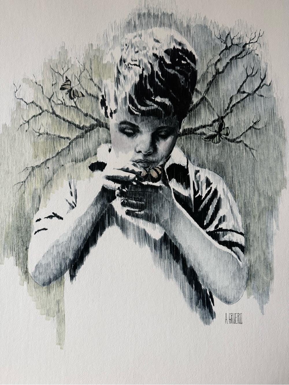 Monochrome Boy with Butterfly Wall Art Print - Black and Gray